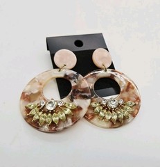 Round Acrylic earrings Multicolored tortoise Pattern Rhinestone Accent 2.25 in