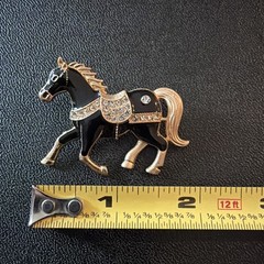 Rhinestone And Black Horse Brooch