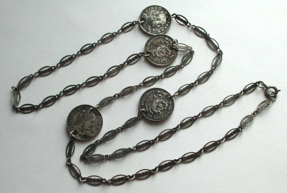 30in VINTAGE 1967 CINCO CENTAVOS MEXICO COIN SILVER PLATED ORNATE CHAIN NECKLACE