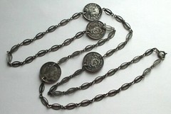 30in VINTAGE 1967 CINCO CENTAVOS MEXICO COIN SILVER PLATED ORNATE CHAIN NECKLACE