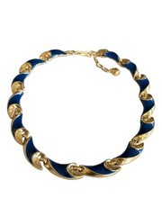 Crown Trifari Flag Blue Enamel Link Collar Necklace Polished Gold Trifanium 16”