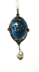 GORGEOUS! Antique STERLING ENAMEL GUILLOCHE /PEARL Pendant Necklace!! MINT!!!!