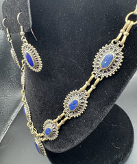 Vintage Lapis Lazuli Afghan Tribal Boho Brass Pendant Necklace & Earring Set