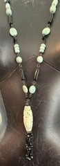 Sterling Silver Carved Jade Cylinder Deco Tassel Necklace Wired Black Glass Bead