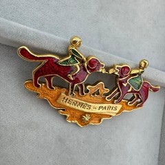 Vintage HERMES Paris Enamel Brooch Dog & Girl Gold Tone Cloisonné Pin France