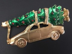 AJC Christmas Brooch Bringing Home the Tree with Car Gold Tone and Enamel