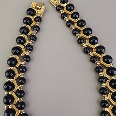 Vintage Beaded Necklace Black Gold Tone Collar Choker SHORT 14.5″