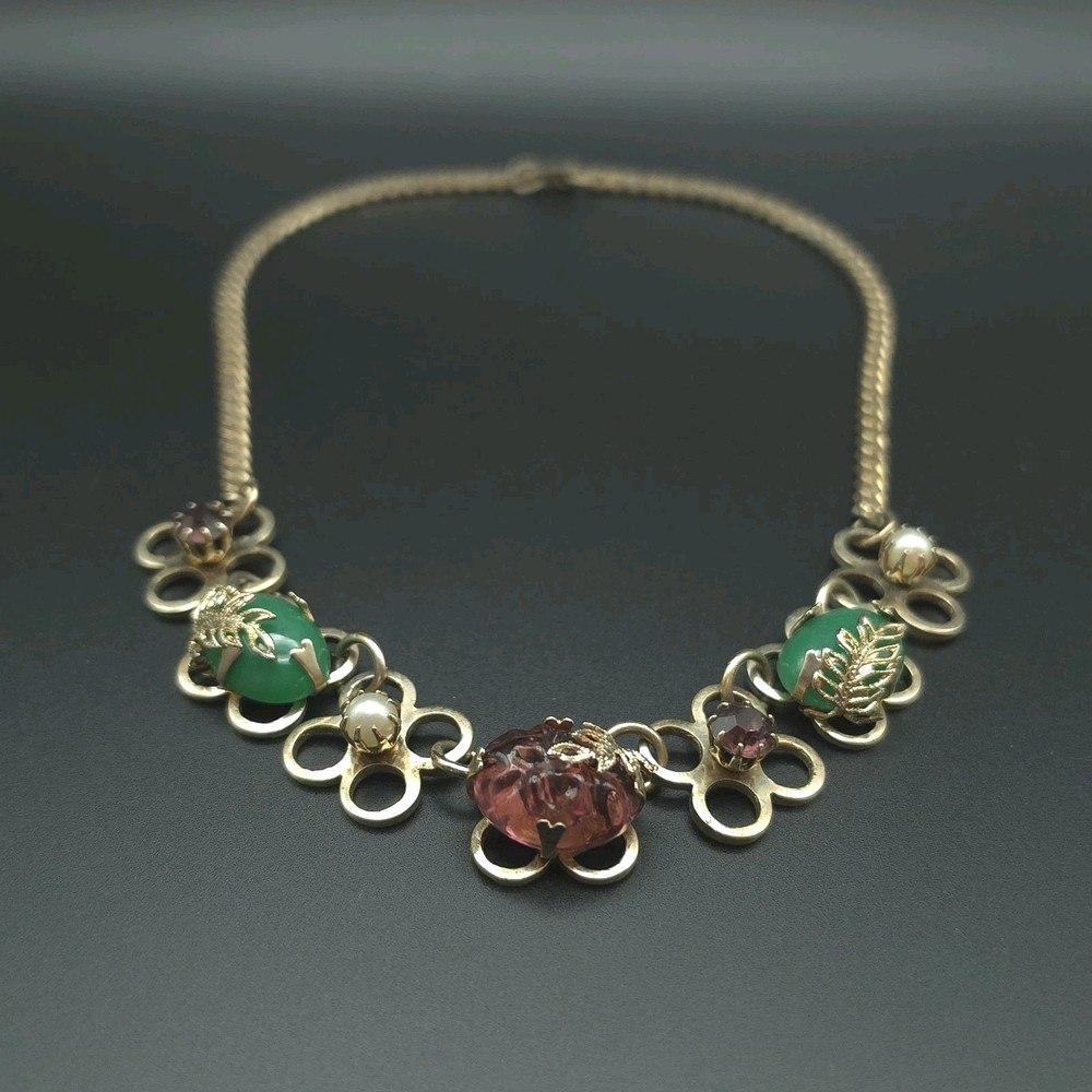 Vintage 1950s MCM Art Glass Floral Necklace Green Pink Cabochon 16.5″