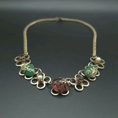 Vintage 1950s MCM Art Glass Floral Necklace Green Pink Cabochon 16.5″