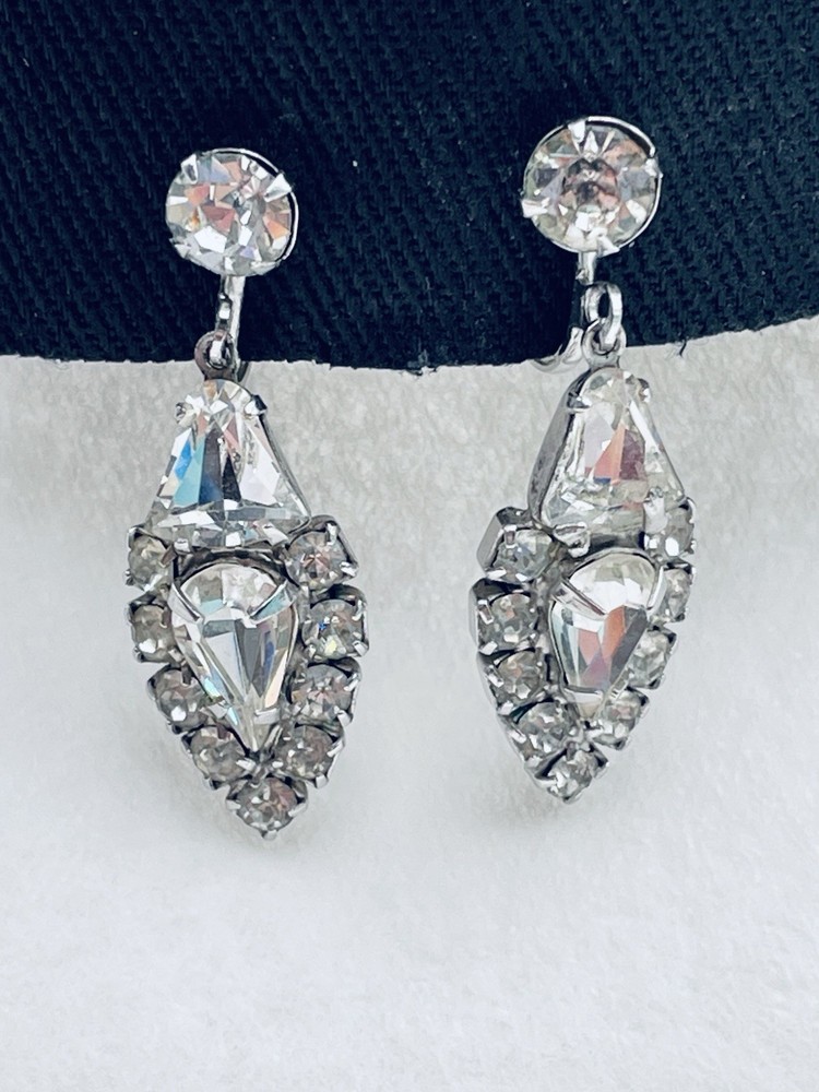 Clear Rhinestone Pear Shape with Halo Dangle Chandelier Earrings Silver Tone