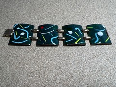 Vintage MCM Bracelet Enamel on Copper 1.75″ Wide 4 Panel Modern Green Artisan