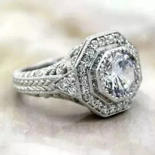 2Ct Art Deco Style LabCreated Diamond Vintage Halo Engagement Ring 14K Gold Over