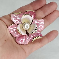 Vintage Francois Brooch Enamel Flower Pink Gold Tone 2.25″