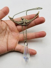 Vintage Style Art Nouveau Oxidized Brass Crane Bird w/ Rainbow Bead Necklace