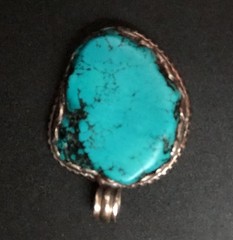 Vtg Lg Irregular Turquoise Pendant In Silvertone Setting