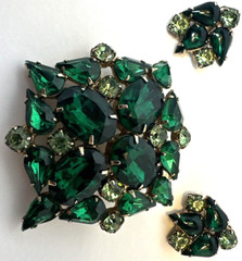 Designer Set Brooch Pin Earrings Green Rhinestone Unsigned Antique MCM