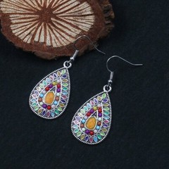 Bohemia Earrings Long Dangle Stone Enamel Drop Vintage Antique Silver Hook E11