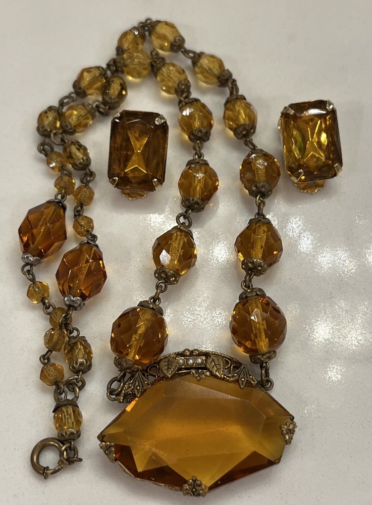 Vintage Czech Large Topaz Amber Faceted Crystal Bead Necklace Clip Earrings Set