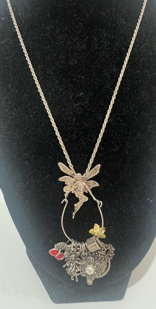Adorable Estate 80’s Sterling Fairy Charm Holder +9 Charms Necklace