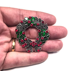 Estate Antiqued Silver Tone & Red Rhinestone Christmas Wreath Pin / Brooch