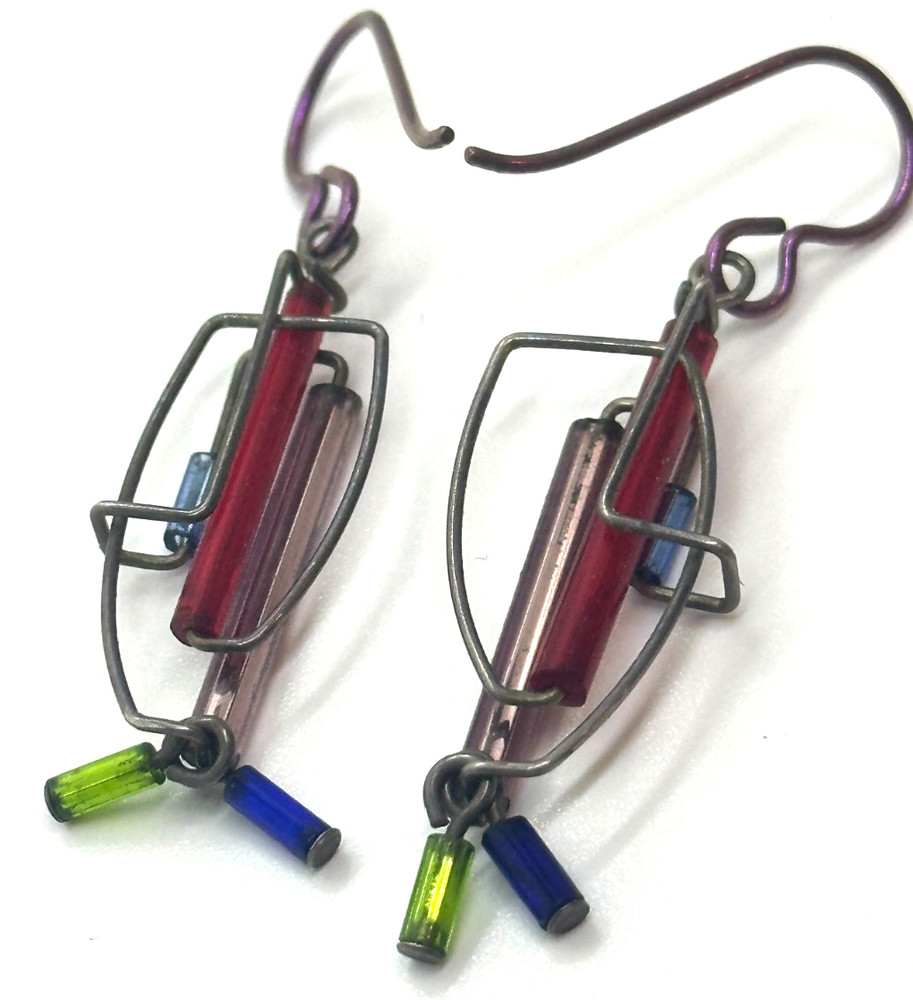Vintage Barbie Levy Art Glass Earrings Dangling Blue Purple Red Abstract