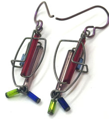 Vintage Barbie Levy Art Glass Earrings Dangling Blue Purple Red Abstract