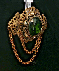 Vintage Gold Tone Filigree Brooch w/ Dark Green Stone Pearls & Swag Chains Chate