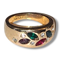 Vintage 18K HGE Multi Color Rhinestone Cocktail Ring Wide Band Statement Sz 5