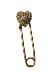 Puffy 3D Heart Rhinestone Gold Tone Saftey Pin Brooch Vintage Clip Fastener