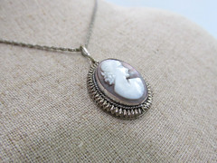 Edwardian Carved Shell Cameo B.S. 800 Wire Wrapped Pendant Necklace Scroll Chain