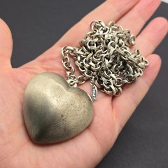 Vintage Puffy Heart Pendant Necklace Silver Tone Signed VCLM Long Chain 32in