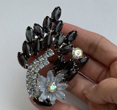 D&E Vintage Flower Corsage Ice Blue & Onyx Navette Brooch Pin & Clip-on Earrings