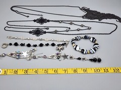 Vtg-Mod Jewelry Lot Silver Tone Black Glass Crystal Chain Pendant Necklace