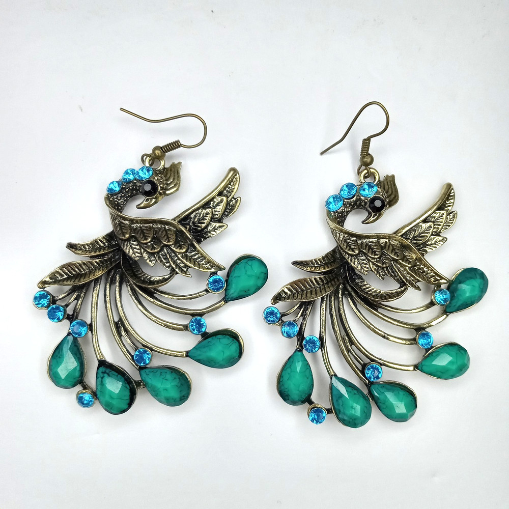 Boho Antique-Bronze Peacock Dangle Statement Earrings Turquoise Rhinestone Drops