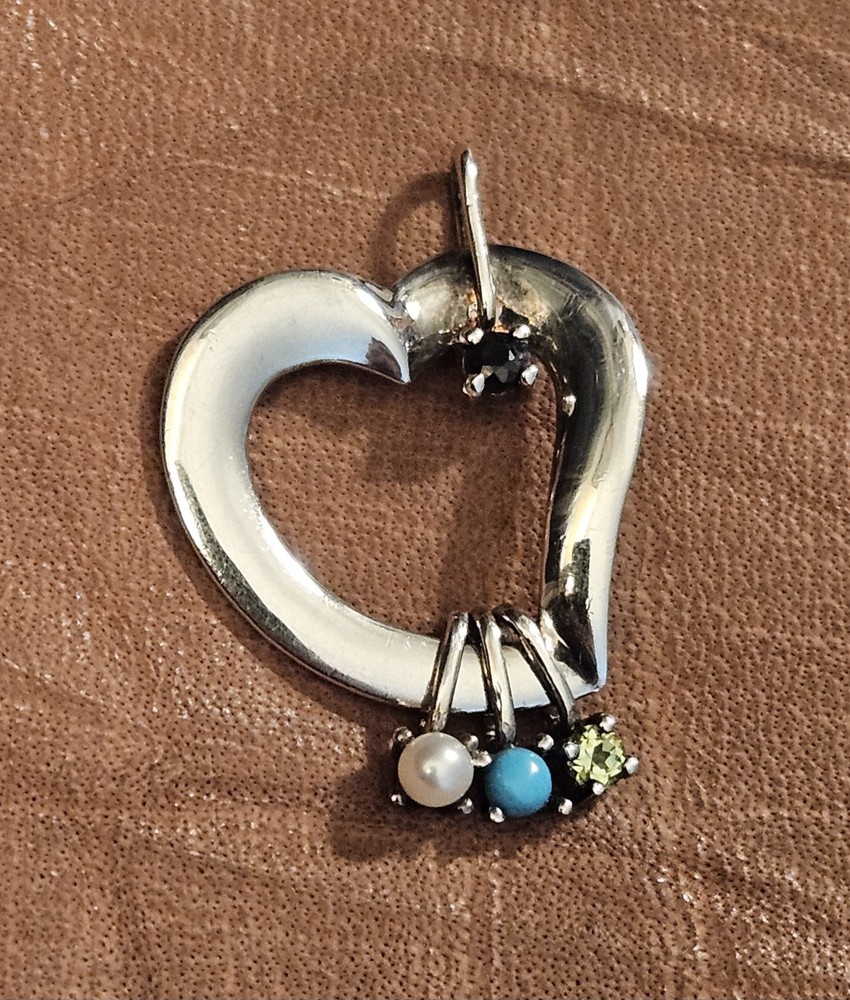 Vintage Lenox Sterling 4 Gems Amethyst Pearl Turquoise Peridot Heart Pendant