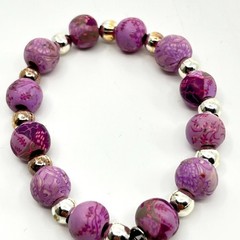 VTG Jilzara Y2K Purple Floral Polymer Clay Bead Stretch Bracelet Silver Accents