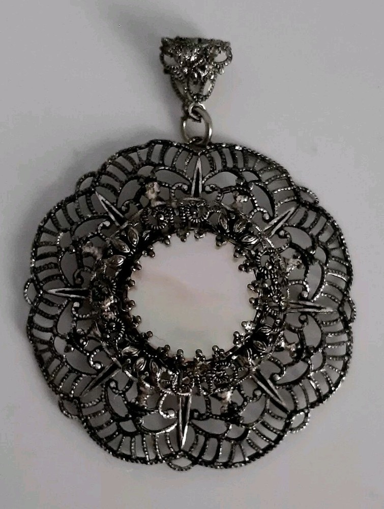 Vintage Mother of Pearl Silvertone Filigree Open work Round Pendant