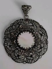 Vintage Mother of Pearl Silvertone Filigree Open work Round Pendant