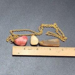 Vintage Agate Stone Gold Tone Chain Polished 3 Pink Brown Yellow Pendants 24″