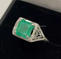 Edwardian 3Ct Green Emerald Art Deco Vintage Women Ring 14K White Gold Plated