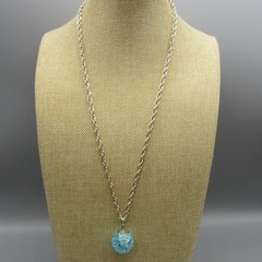 Vintage Germany Necklace Crackle Glass Blue Bead Pendant Gold Tone 24 Inch