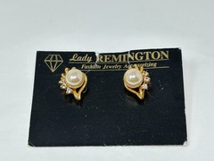 Vintage Lady Remington Faux Pearl Rhinestone Pierced Post Earrings on Card