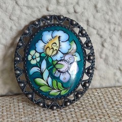 Vintage Soviet Finift Enamel Brooch Hand Painted Floral Oval Pin Filigree Frame