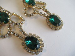Vintage Green Rhinestone Dangle Clip Earrings 3.5 in Long
