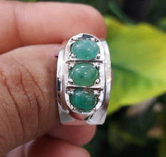 Natural Chitrali Emerald Ring Three Stones Pota Emerald Ring Sterling Silver