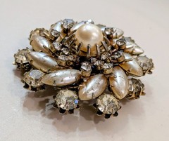 Vintage Silver Tone Marquise Faux Pearl Rhinestone Cluster Flower Brooch Pin