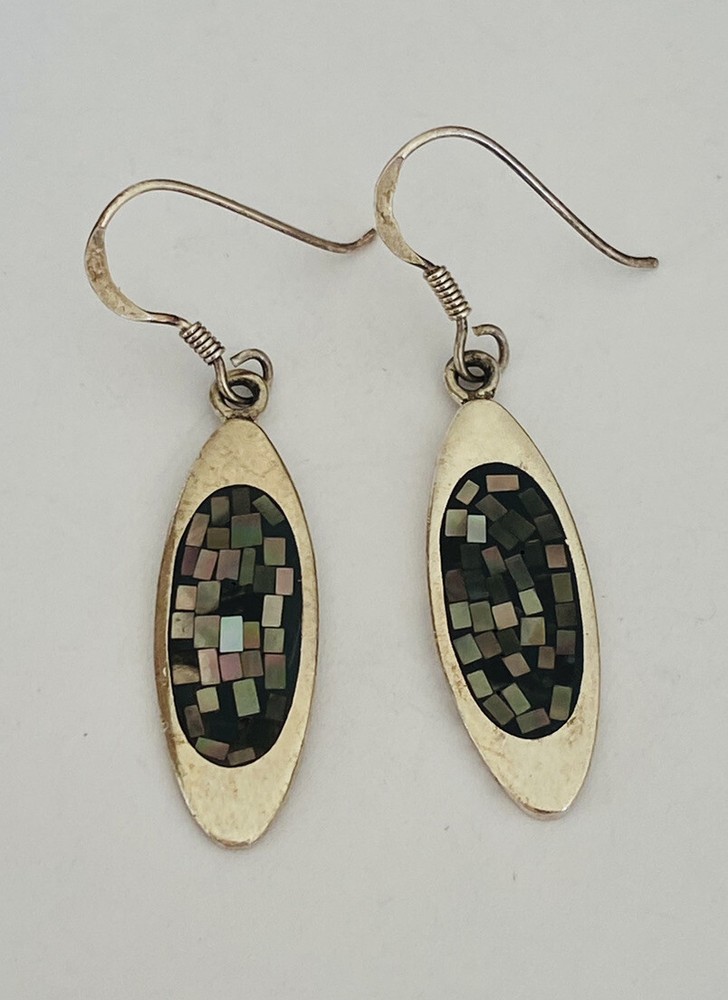 Vintage Sterling Silver Abalone Mother Of Pear Mosaic Oval Dangle Hook Earrings