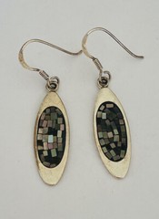 Vintage Sterling Silver Abalone Mother Of Pear Mosaic Oval Dangle Hook Earrings