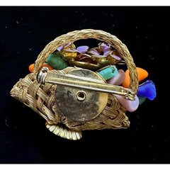 Vintage Flower Basket Brooch Woven Wire & Molded Glass Beads