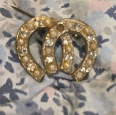 Vintage MCM Silver Tone Double Horseshoe Brooch Faux Pearl Rhinestone Lucky Pin